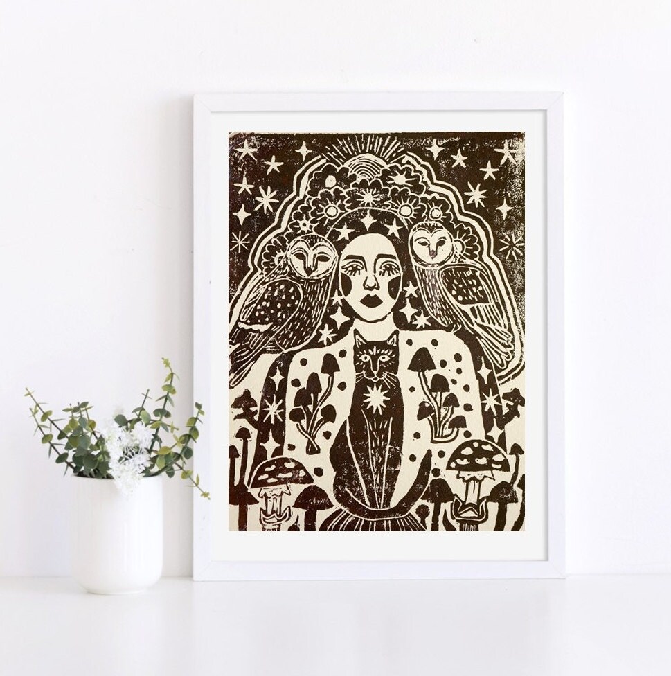 Goddess Mushroom Owl Cat Lino Print Art Cat Lino Print - Etsy