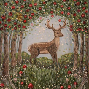Deer Art, apple orchard art, deer painting, deer print, deer forest, apple trees, nursery art, living room art, home decor, free shipping