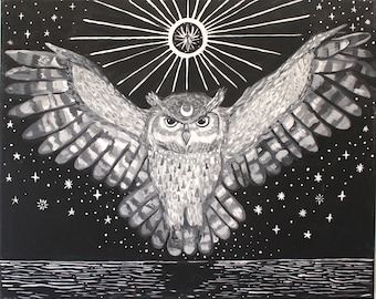 Owl Print, art mural de hibou noir et blanc, grand hibou à cornes, amoureux de hibou, cadeau hibou, décoration intérieure, art noir et blanc, art forestier, livraison gratuite