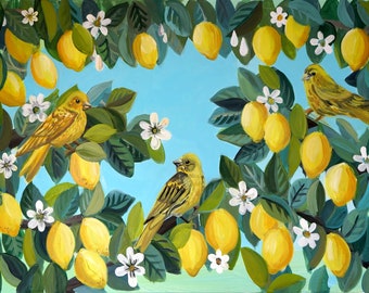 May include: A painting of a lemon tree with yellow lemons and white flowers. Three yellow birds are perched on the branches. The background is a light blue sky.
