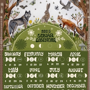Calendario Lunar 2025, magia lunar, arte brujo, cosas, calendario lunar, planificador lunar, astrología, astrológico, bruja, pagano, espiritual, hippy