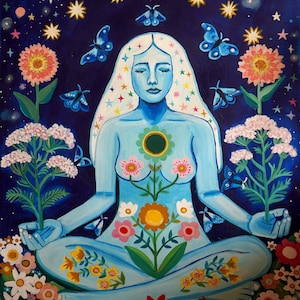 May include: A blue figure sits in a meditative pose with eyes closed, surrounded by a vibrant floral design. The figure is adorned with stars and butterflies, creating a celestial and whimsical atmosphere.