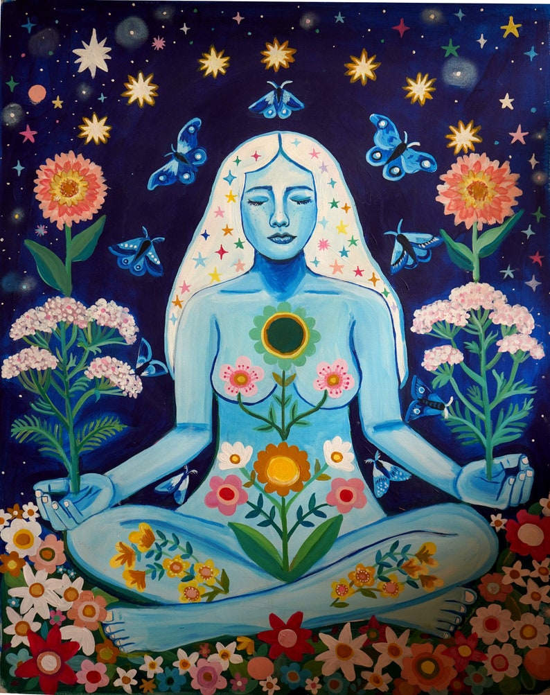 May include: A blue figure sits in a meditative pose with eyes closed, surrounded by a vibrant floral design. The figure is adorned with stars and butterflies, creating a celestial and whimsical atmosphere.