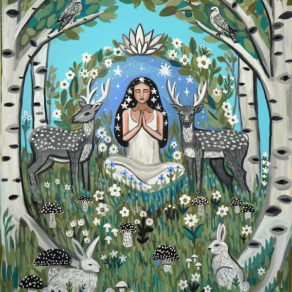 Spring Prayer nature wall art, goddess print. Prayer art, woman art, goddess of the forest, hippy art