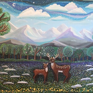 Deer Landscape Art Print, Abstract Spring Rebirth Painting