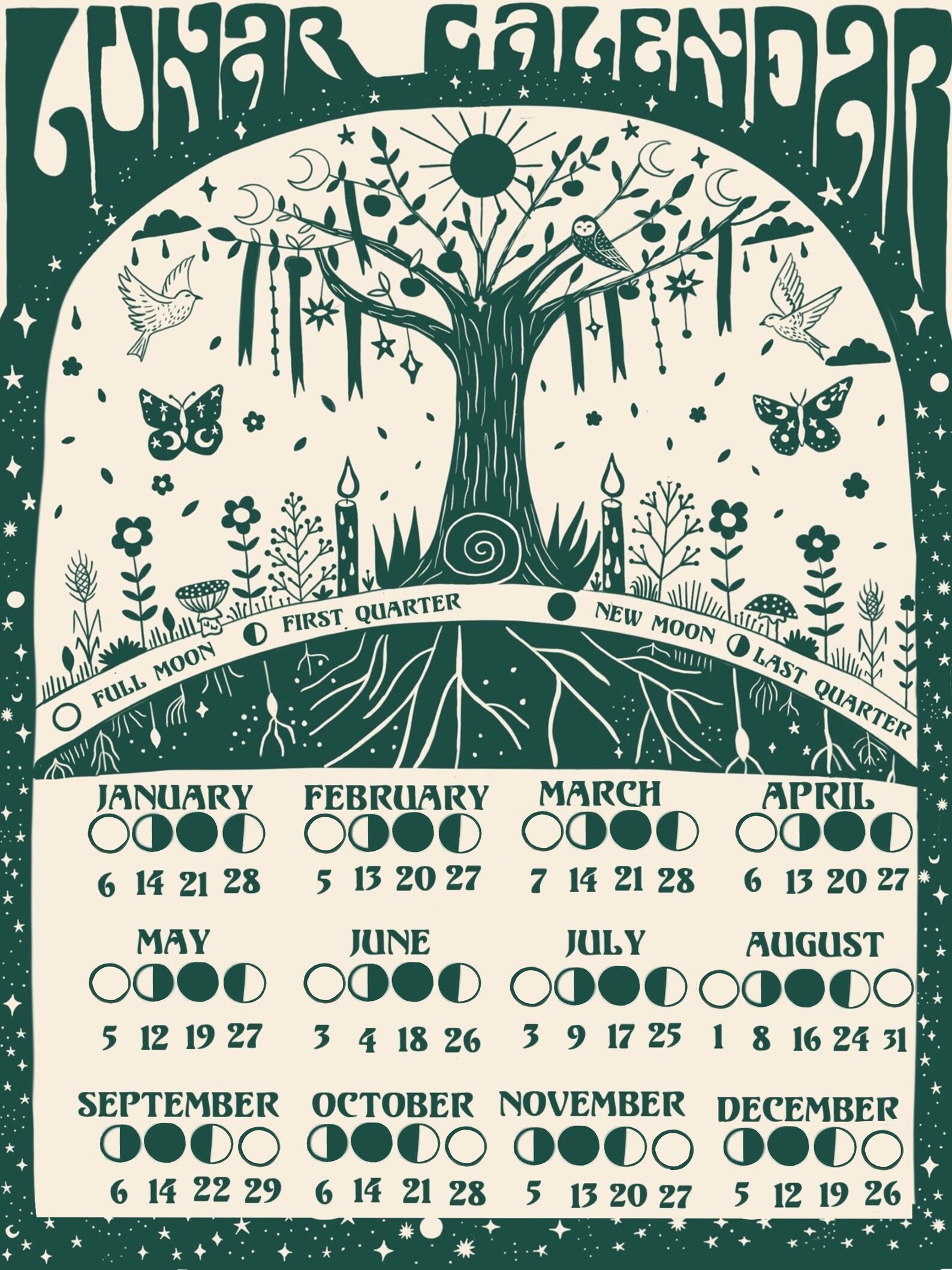 Dark Forest Lunar Calendar Lunar Calendar 2024 Lunar Phase Etsy Canada