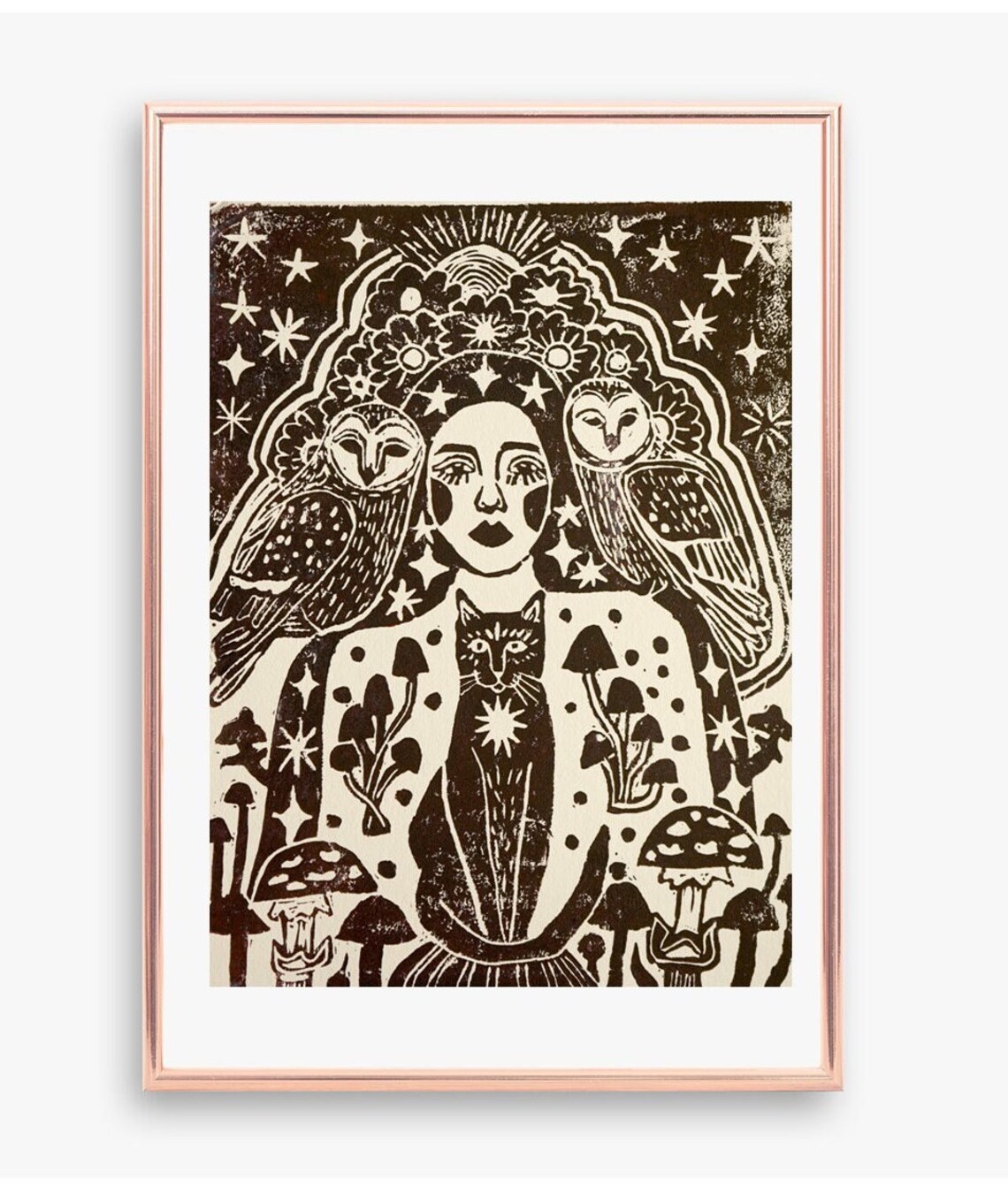 Goddess Cat Owl Lino Print, Witchy Mushroom Art - Etsy