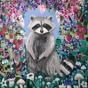 Wild Summer Racoon art print, woodland decor, magial forest, childrens room art, nursery decor, colourful prints, boho wall print, mushroom