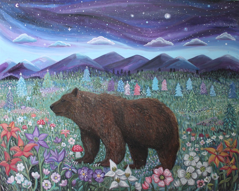 Northern Bear art print, wild bear wall art, wild flowers, space, landscape, nature, free shipping, bear art, bear lover, woodland bear image 1