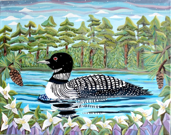 Loon art print, loon wall art, ontario wall art, bird art print, loon gift, cottage art, lake house wall art, trillium art print, loon decor