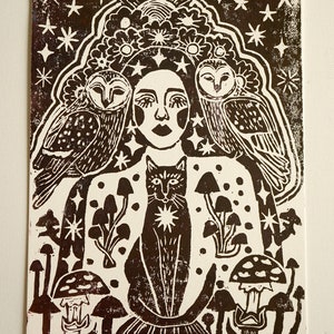 Goddess mushroom owl cat Lino print art, cat lino print, witchy art, witchy lino print, owl art, free shipping, witchy gift,