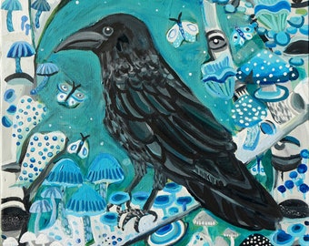 May include: A black crow perched on a branch in a whimsical forest setting. The background features blue and white mushrooms, butterflies, and swirling patterns.