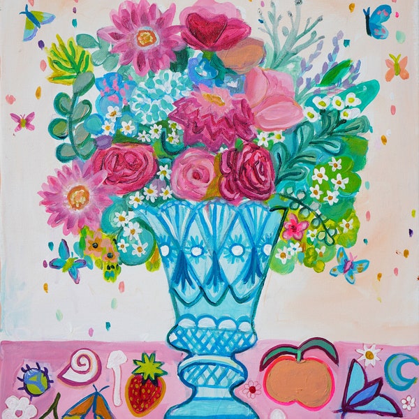 Bouquet di fiori primaverili Stampa artistica, vaso floreale, camera da letto boho, vibrazioni primaverili, arte per la festa della mamma, stampe stravaganti, trendy e colorate, stanza indie