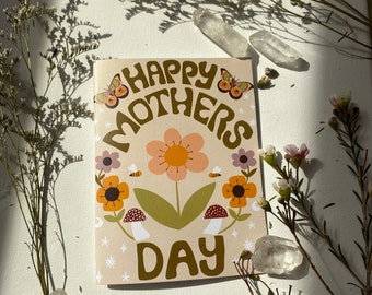 Mothers day card, boho, vintage retro, bestselling, blank greeting card, nature, happy mothers day, cute,