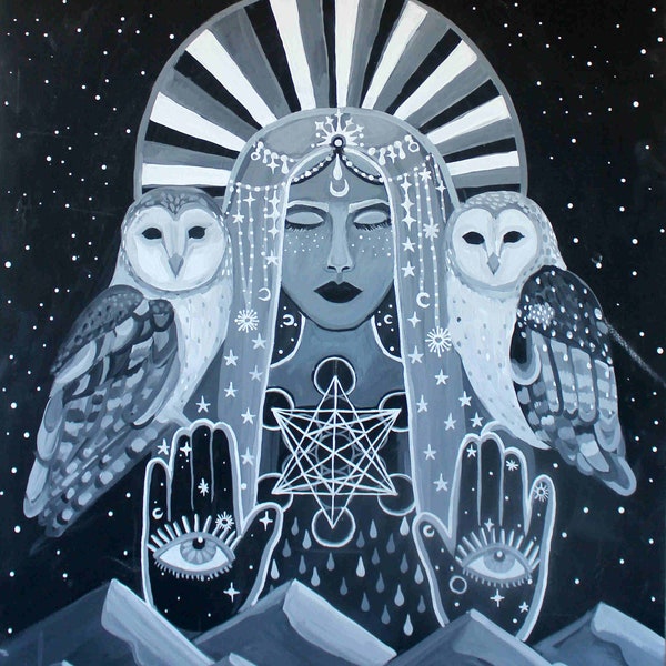 Owl Goddess Metatrons Cube, sacred geometry black and white art, new age art, witchy art, goddess art, owl art, free shipping, witchy art