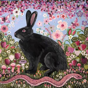 Black Rabbit Spring home decor painting witchy aesthetic art prints rabbit lover gift boho indie room woodland creature psychedelic mushroom