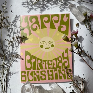 Carte d'anniversaire soleil, carte de voeux vierge, carte rose, vintage, rétro, best-seller, carte de remerciement bohème