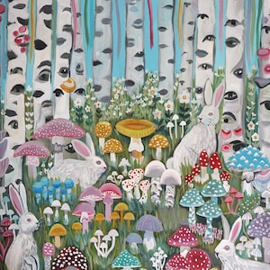 White Rabbit Mushroom art print, colorful psychedelic forest, Alice in Wonderland art, mushroom print, white rabbit  psychedelic art