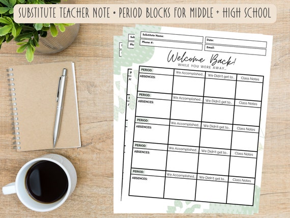Substitute Teacher Note Printable for Middle School & High School | Sub Notes | Welcome Back Note for Teachers | Substitute Report Worksheet