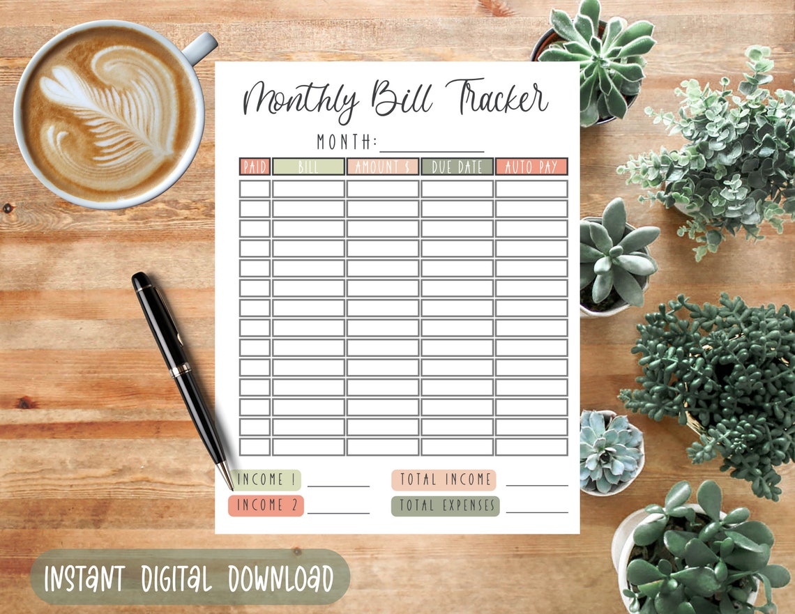 Monthly Bill Tracker Printable | Simple Minimalist Organization - Etsy