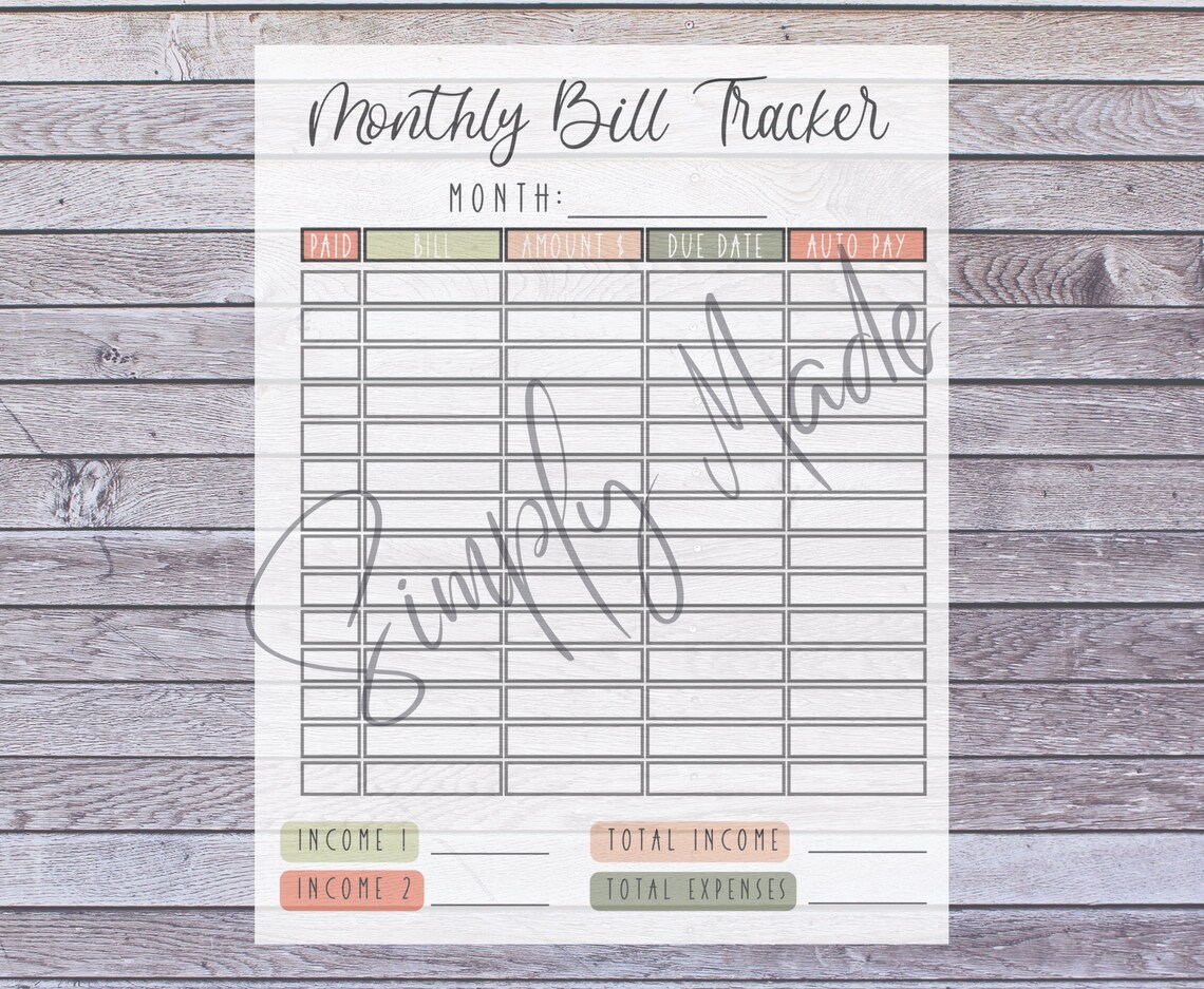 Monthly Bill Tracker Printable | Simple Minimalist Organization - Etsy