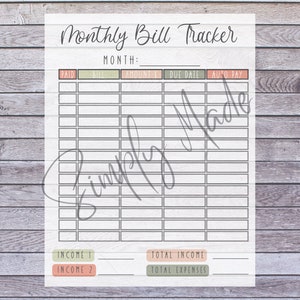 Monthly Bill Tracker Printable | Simple Minimalist Organization - Etsy