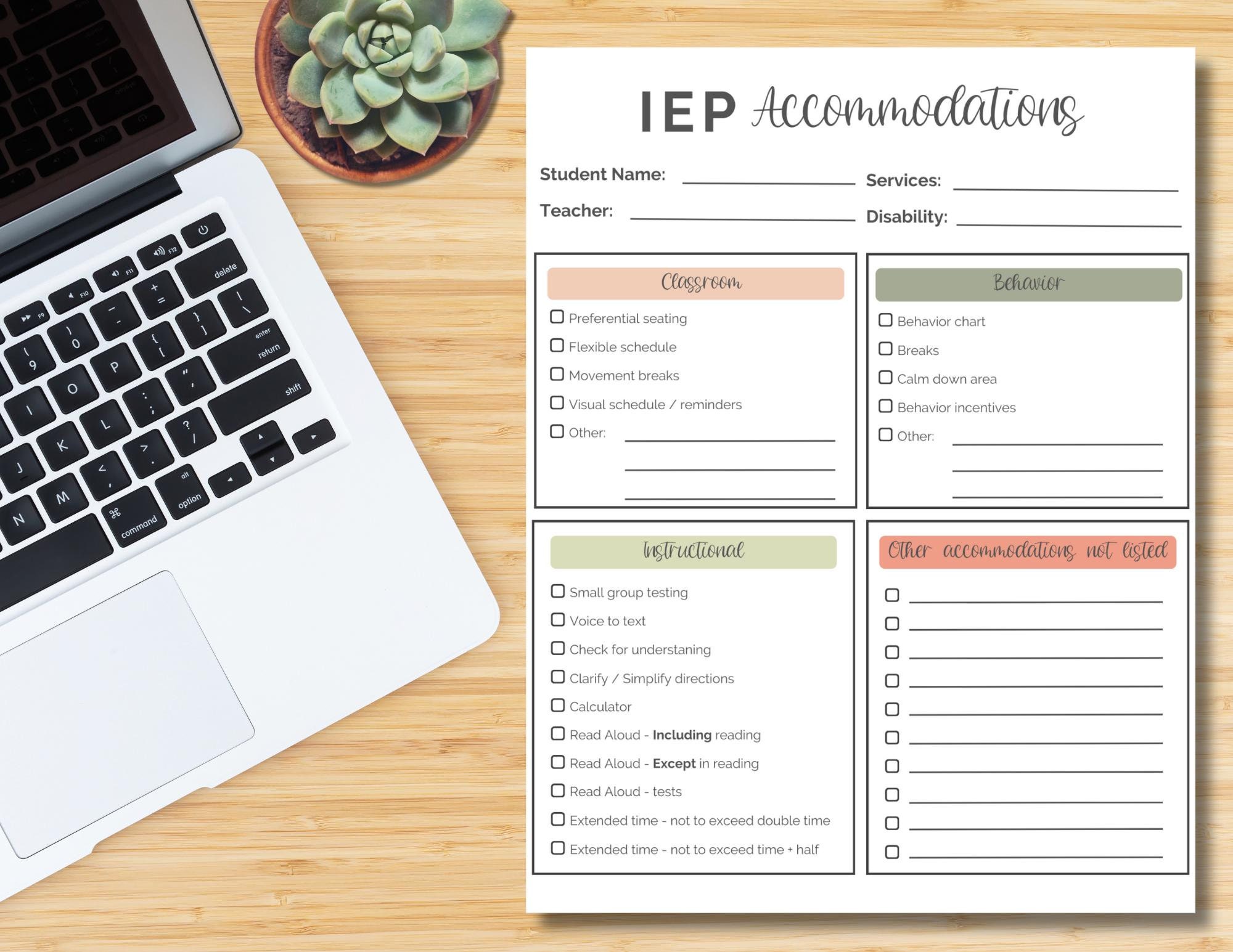 IEP Accommodations Cheat Sheet Snapshot | Special Education Printable | SPED Teacher IEP Worksheet