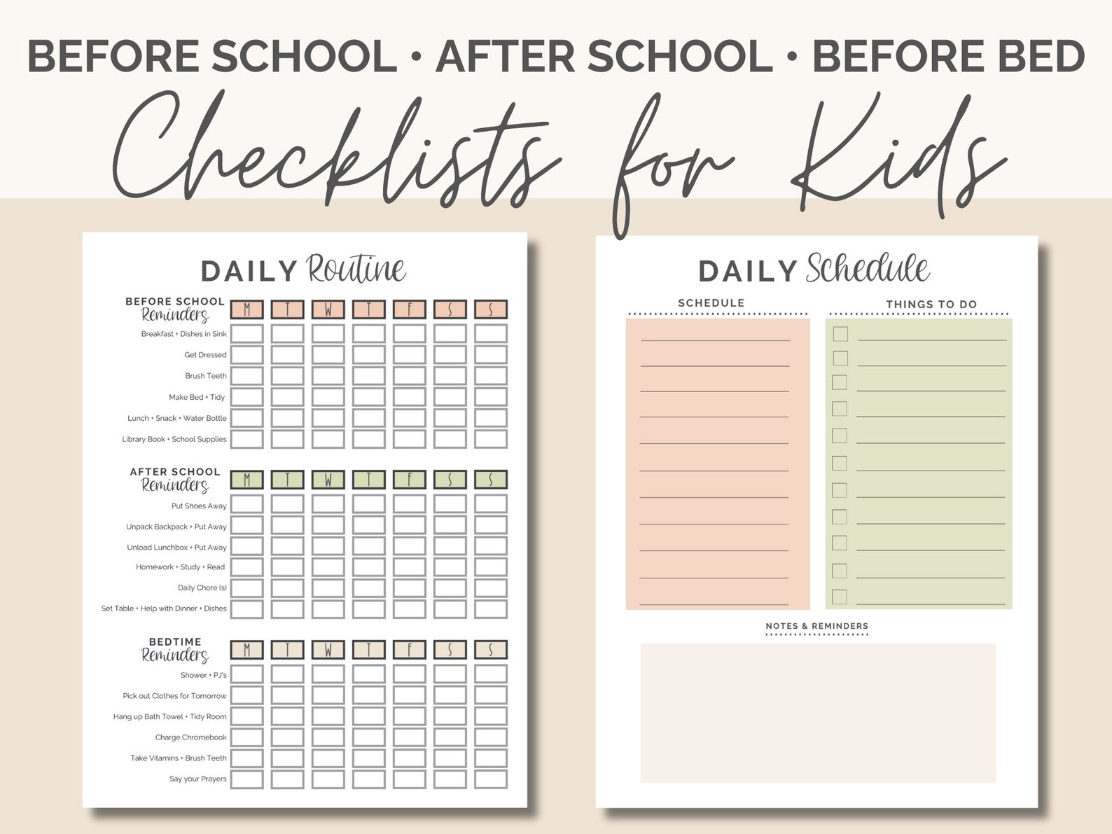 Before and After School Checklist for Kids Printable | Kids Chore Chart ...