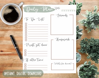 May include: A printable daily planner with sections for a to-do list, errands, housework, and dinner plans. The planner has a green and brown color scheme and the text "Daily Plan" is written in a cursive font.