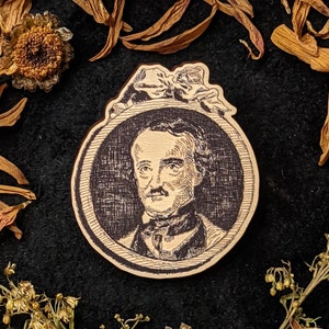 Edgar Allan Poe Gothic Literary Brooch with matching greetings card - from a 19th Century etching
