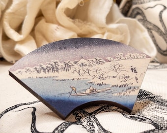 Broche de abanico Ukiyo-e: Arte japonés del paisaje invernal, Kunisada e Hiroshige