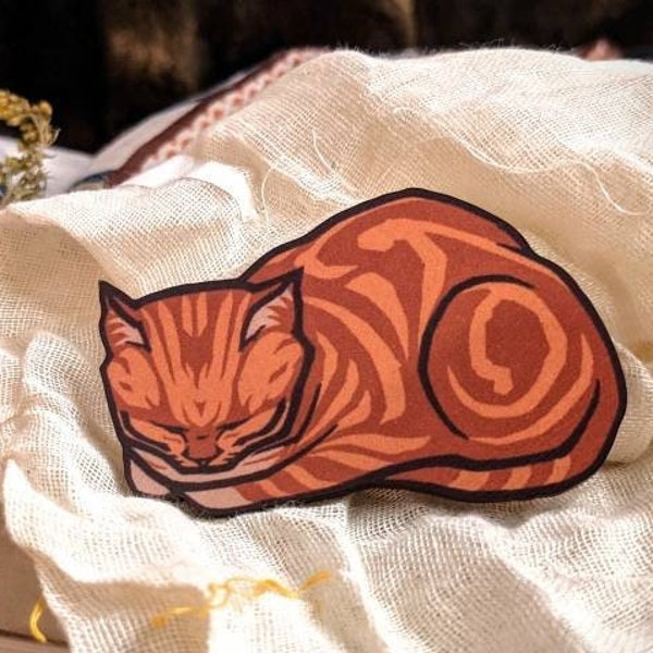 Tabby Cat Brooch with matching greetings card - from a 1917 woodcut print by Dutch artist Julie de Graag