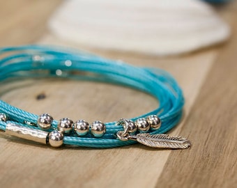 Sterling Silver Boho bracelet, Women's Wrap Bracelet, Silver Charm Bracelet, Feather Bracelet