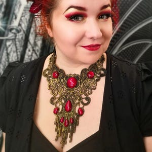Steampunk necklace bronze made of lace with colored glass stones for cosplay as a steampunk choker or for witch look