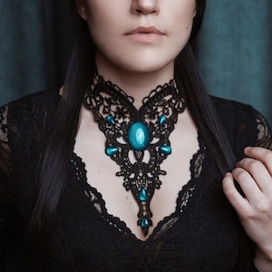 Filigree lace necklace with colored cabochon glass stones for steampunk outfit and gothic wedding