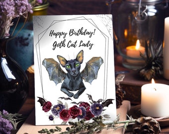 Bat Cat Gothic Grußkarte als Geschenk oder Geburtstagskarte für Verrückte Katzenlady