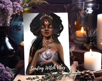 Hexen Grußkarte Sending Witch Vibes, Postkarte mit mystischer Hexe als digitaler Download zum selbst Ausdrucken