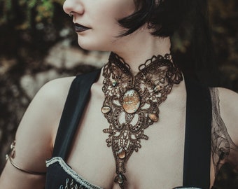 Necklace bronze filigree made of lace with colored cabochon glass stones also in black for steampunk and vintage weddings