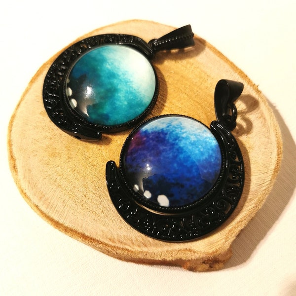 Moon pendant rotating, glow-in-the-dark on 2 sides as a crescent moon necklace in black for gothic outfits and witch cosplay