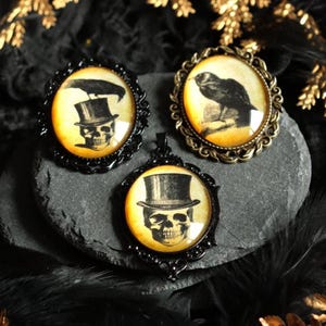 Skull cylinder raven pendant and earrings in black as vintage necklace for gothic outfit and as cosplay jewelry