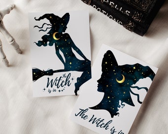 Digital witch greeting card The Witch is in with a witch and a large witch hat as a digital download to print out yourself