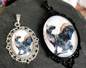 Anhänger Gothic Cat Fledermaus Katze in schwarz silber als Schmuck für Gothic Outfit oder Cosplay Geschenk