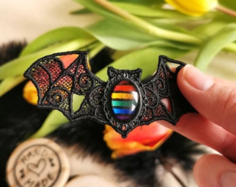 Bat clip rainbow black as a hair clip and brooch for Queer Gothic Pride and jewelry gift