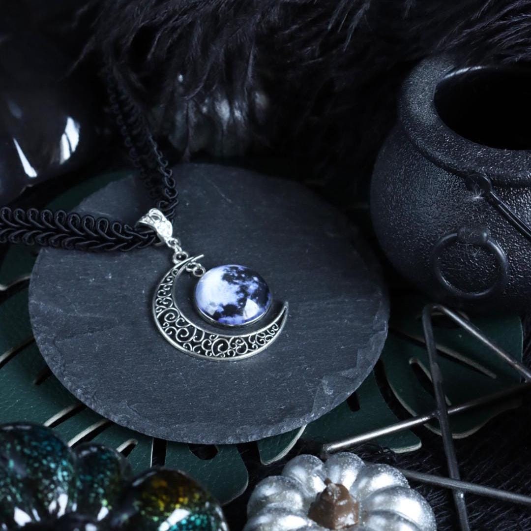 Black Moon Choker With Crescent Moon Pendant, Moon Jewelry in Dark ...