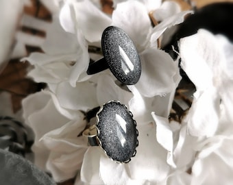 Oval ring adjustable black silver and bronze with metallic glass stones for gothic outfit and birthday gift