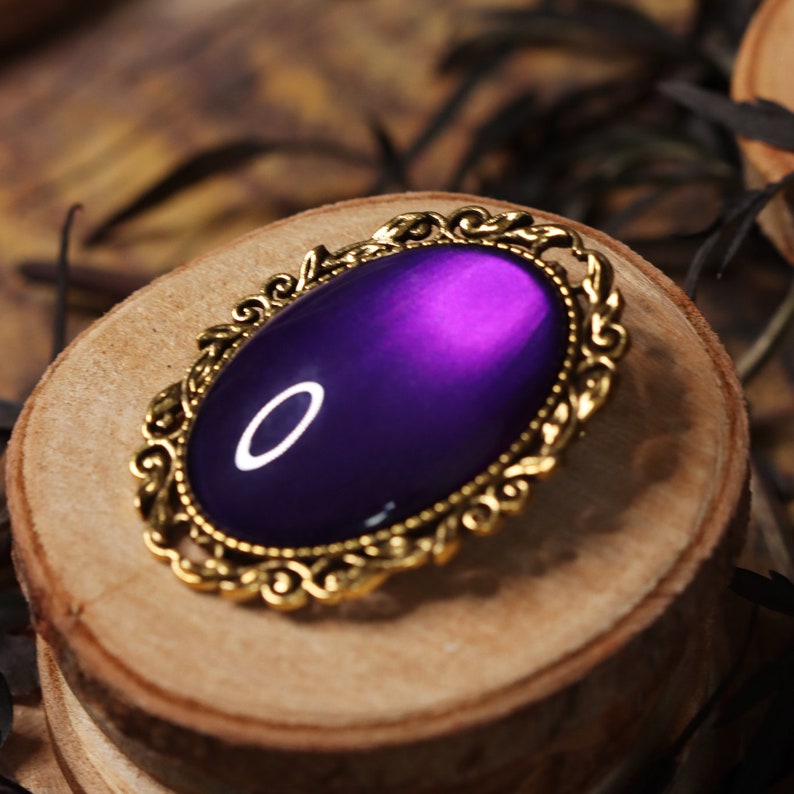 Goldene Brosche Wunschfarbe oval aus Glassteinen als Cosplay Schmuck und Steampunk Accessoire Lila/Purple