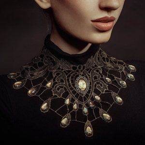 Bronze necklace drops made of lace with metallic glittering glass stones for a steampunk outfit or wedding