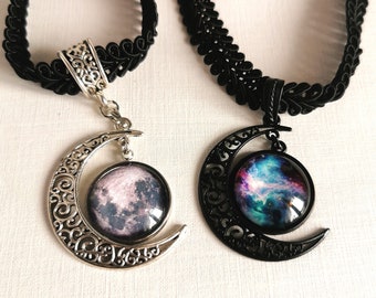 Moon choker black as a collar with crescent moon in silver black or bronze for Gothic and as cosplay shooting jewelry