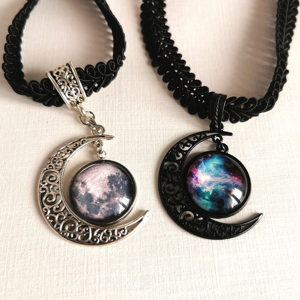 Tour de cou lune noir comme collier avec croissant de lune en argent noir ou bronze pour gothique et comme bijoux de tir cosplay