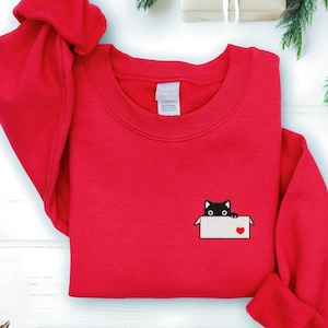 Black Cat in a Box Embroidery Sweatshirt, Animal Embroidery, Sweater Love Cat, Animal Lover Sweatshirt, Love Cats Sweatshirt, Love You Cat